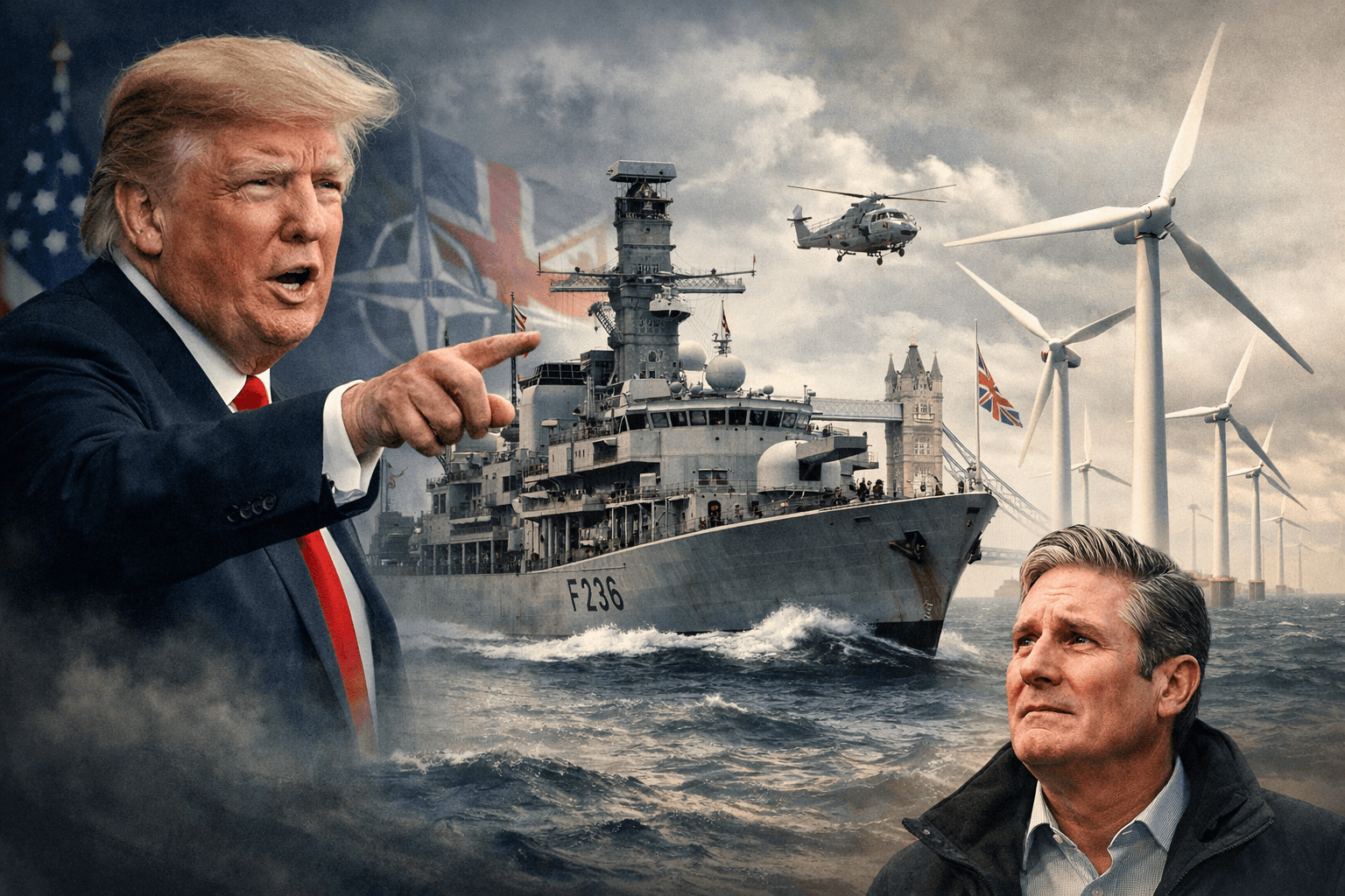 Editorial AI image showing Trump, a Royal Navy ship, wind turbines, and Keir Starmer.